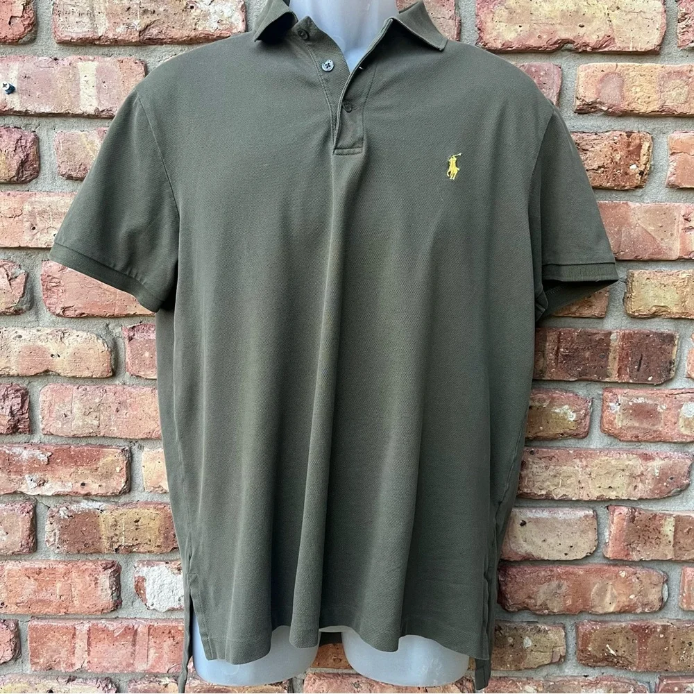 RALPH LAUREN POLO SHIRT OLIVE GREEN YELLOW LOGO HORSE PIMA STRETCH MESH COTTON